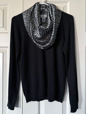 Once 1 Again Black Long Sleeve Cowl Neck Sweater Leopard Print Detail Size M